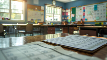 Close-up of a teacher's desk calendar with important dates highlighted in an empty classroom. - obrazy, fototapety, plakaty