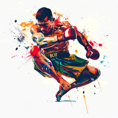 interesting angle-view pose shot. Illustration Thai art style graphic 2D flat colorful style vector gradient semi-realism gold-red-blue-green tone. Dynamic pose. A Muay Thai fighter throwing a powerfu
