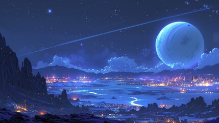  Planet in sky, city & foreground, distant water
