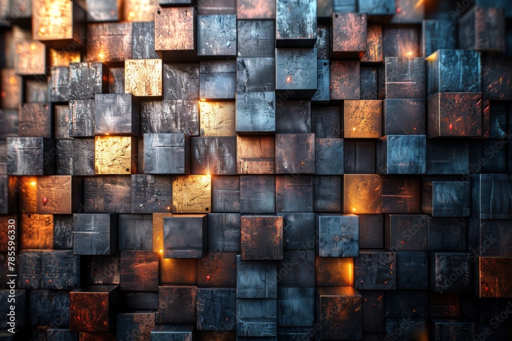 Poster an abstract image showcasing numerous cubes with diverse orientations reflecting light differently a