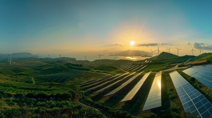 A panoramic vista showcases solar panels and wind turbines set amidst a sprawling landscape, symbolizing renewable energy
 - obrazy, fototapety, plakaty