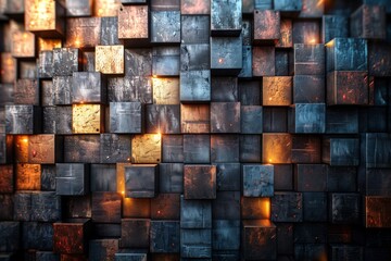 An abstract image showcasing numerous cubes with diverse orientations reflecting light differently and showing depth - obrazy, fototapety, plakaty