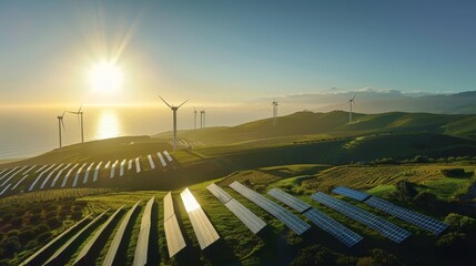 A panoramic vista showcases solar panels and wind turbines set amidst a sprawling landscape, symbolizing renewable energy
