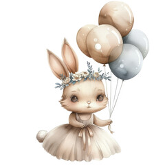 Fototapeta premium A fluffy white Easter bunny wears a white dress and is decorated with colorful balloons, toys and gifts. It symbolizes the joy and magic of the holiday season.
