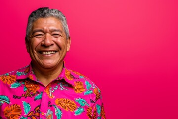 Obraz premium Joyful Senior Man in Colorful Shirt Against Pink Background
