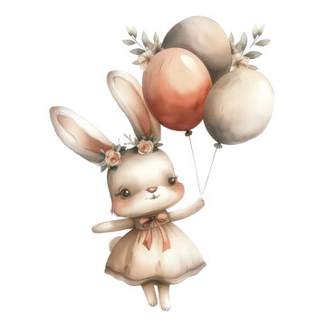 A fluffy white Easter bunny wears a white dress and is decorated with colorful balloons, toys and gifts. It symbolizes the joy and magic of the holiday season.