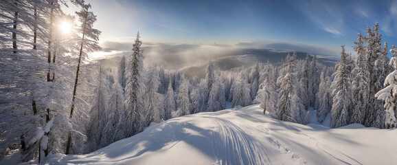 winter wonderland - amazing panorama over winter landscape in the black forest of germany