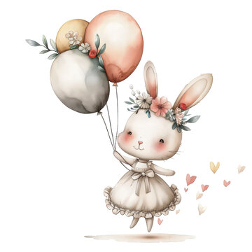 A fluffy white Easter bunny wears a white dress and is decorated with colorful balloons, toys and gifts. It symbolizes the joy and magic of the holiday season.