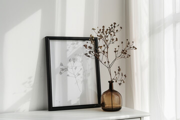 Close-up of a blank vertical poster in a black frame next to dried flowers in a brown glass vase standing on a white table next to a white wall with sunbeams and a window with sheer curtains.