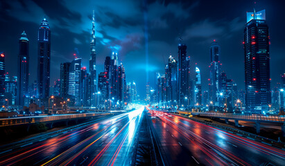 Dubai Downtown skyline at night with illuminated skyscrapers and traffic on the road long exposure - obrazy, fototapety, plakaty
