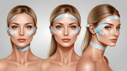 Young woman applying tape lifting treatment procedure on face illustration. Beauty salon, facelift, cosmetology, makeup, fashion, youth, skin care - obrazy, fototapety, plakaty