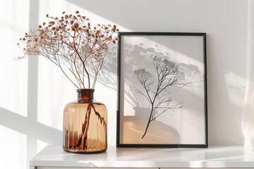 Close-up of dried flowers in a brown glass vase standing next to a vertical poster in a black frame on a white chest of drawers against a white wall background with sunlight.