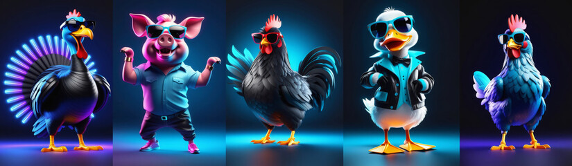 Anthropomorphic realistic turkey, hen, rooster, duck, pig in sunglasses and fancy costumes dancing in neon lighting. Collage illustrations on dark background, horizontal postcard orientation