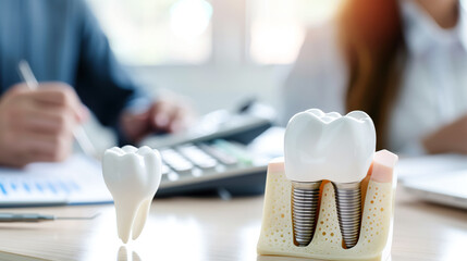 Close-up of a dental implant model on a table, which is used in dental consultations, in the background there is a calculator and a person who calculates the cost for dental services, insurance - obrazy, fototapety, plakaty