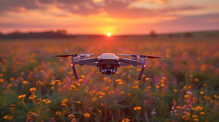 Drone hovers above flower field as sky turns orange at sunset