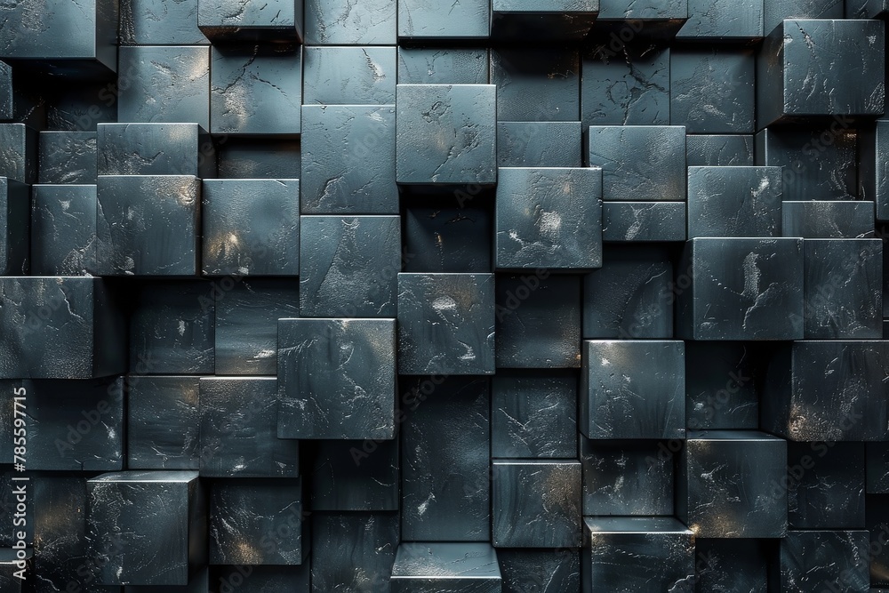 Poster a visually captivating image showcasing a wall of uniformly stacked blue textured 3d cubes that crea