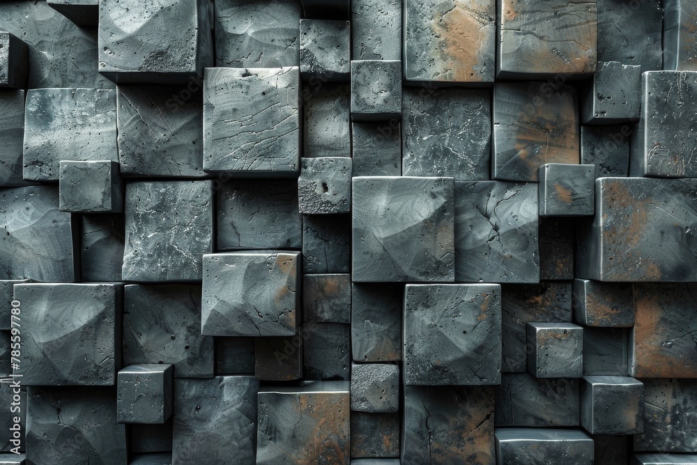 Poster an array of grey cubes with diverse textures creating an engaging and abstract 3d effect for a backd