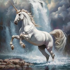 Obraz na płótnie Canvas A Majestic Unicorn in Front of a Powerful Waterfall