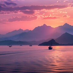 Golden Horizon - Majestic Sunset Seascape with Mediterranean Mountains and Ships