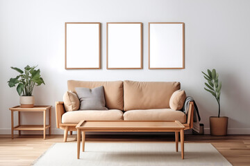 Mockup of three frames in a Scandinavian interior with a sofa plants and white walls