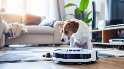 A curious Jack Russell puppy watches a robot vacuum cleaner in action, highlighting interaction between pets and smart home devices. Concept of cleaning, cleanliness and hygiene in modern home