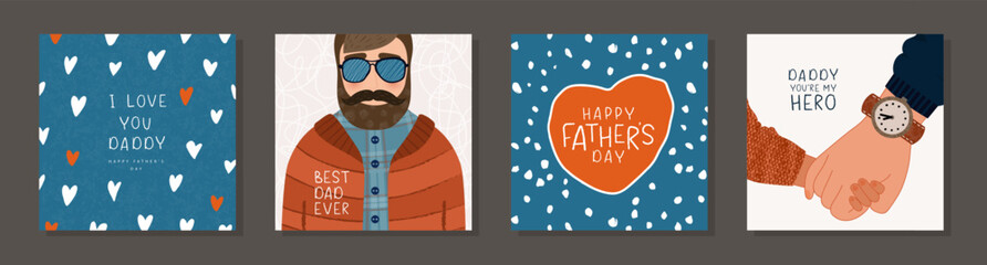 Happy fathers day, set of vector postcards. Illustrations of hand of dad and child, bearded man with glasses. Cute fun design for greeting cards, promotional materials and other