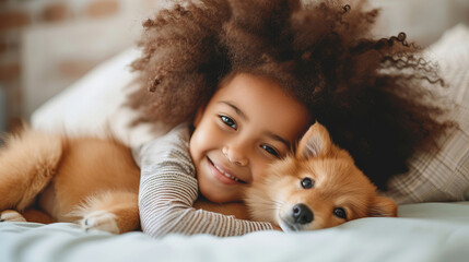 A little girl tenderly hugs her puppy and lies on the bed in a bright bedroom in the morning. Friendship concept between child and pet, copy space for text

