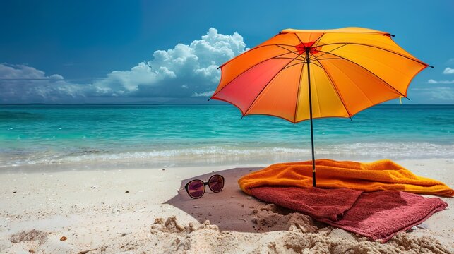 Colorful umbrella on a sandy beach with sunglasses and a beach towe