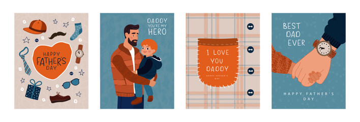 Happy father's day, set of vector postcards. Illustrations of dad with child, items of clothing,men's accessories. Cute fun design for greeting cards, promotional materials and other