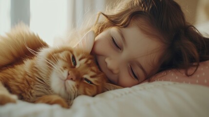 A little girl tenderly hugs her kitten and lies on the bed in the morning in a bright bedroom. Friendship concept between child and pet, copy space for text
