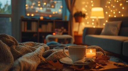 A warm cup of tea and a comfortable blanket set the stage for a cozy autumn evening indoors, with soft lighting and a tranquil atmosphere, Cozy Autumn Evening with Tea and Warm Blanket