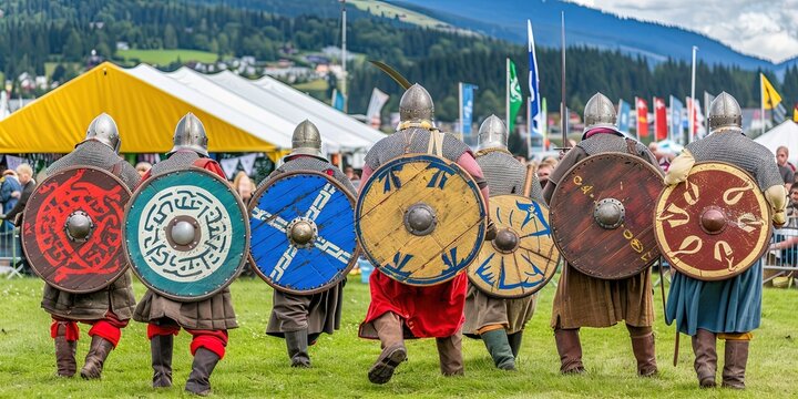 larpers in the park with colorful shields and uniforms