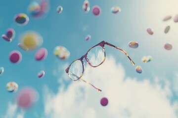 Spectacles suspended mid-air with a backdrop of whimsical colorful balloons and blue sky.