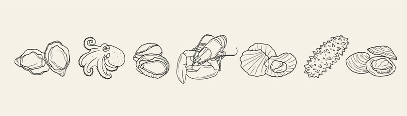 Line art seafood collection. Outline drawing