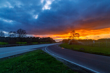 Beautiful sunset view on highway in Germany.