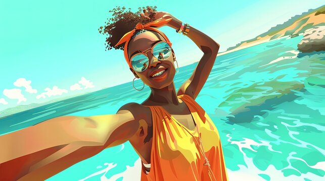 Illustration of a happy African American girl taking a selfie against the sea background
