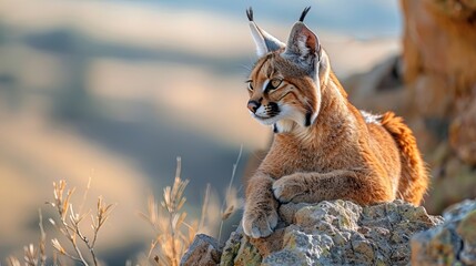A majestic caracal perched on a rocky outcrop, its tufted ears alert and eyes focused intently - obrazy, fototapety, plakaty