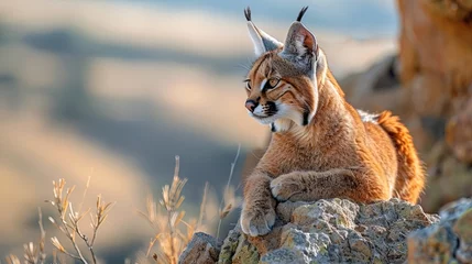 Foto op Canvas A majestic caracal perched on a rocky outcrop, its tufted ears alert and eyes focused intently © Jūlija