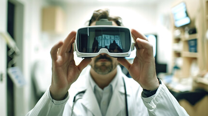 A medical professional, a doctor wearing virtual glasses, explores the potential of virtual reality in healthcare. Modern latest technologies in the treatment and prevention of diseases
