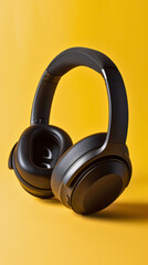 A pair of sleek black, modern wireless headphones rests on a crisp yellow background.
