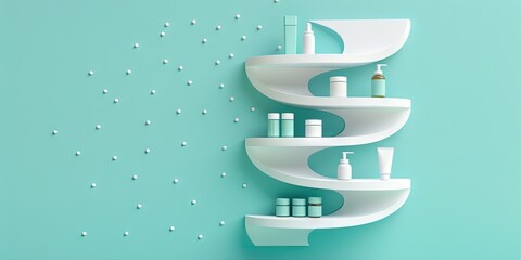A DNA double helix shaped shelf with shelves for medical supplies, on a blue background, in a 3D rendering, with a white color scheme