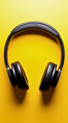 A pair of sleek black, modern wireless headphones rests on a crisp yellow background.
