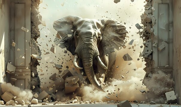 Dynamic image of an elephant crashing through a barrier, symbolizing breakthrough and strength. Elephant breaking through wall in powerful charge.