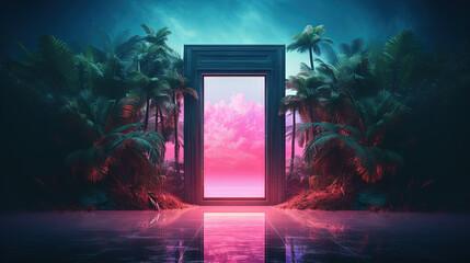 Mysterious door or portal with neon light in the jungle in synthwave style.