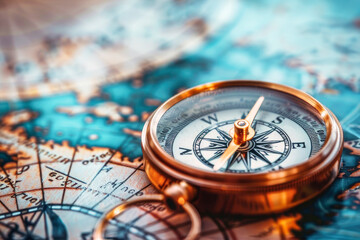 Classic brass compass over a vintage world map for navigation and exploration