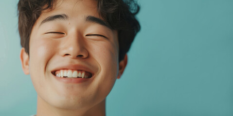 Portrait of a happy South Korean man on a blue background and smiling at the camera