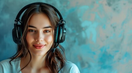 Young positive woman in large headphones on a light background listening to music or podcast, banner with copy space for text - obrazy, fototapety, plakaty