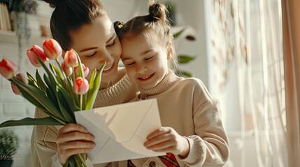 Celebrate Mother's Day with our heartfelt painting where a child daughter joyfully congratulates her mom, offering a postcard and a vibrant bouquet of tulips