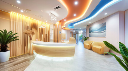 An modern medical clinic interior in futuristic design, with sleek curved structures, ambient lighting modern furniture. Design conveys high-tech, clean and sterile environment with cozy atmosphere