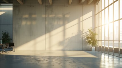 Sunlight permeates an airy office space with a large blank wall.